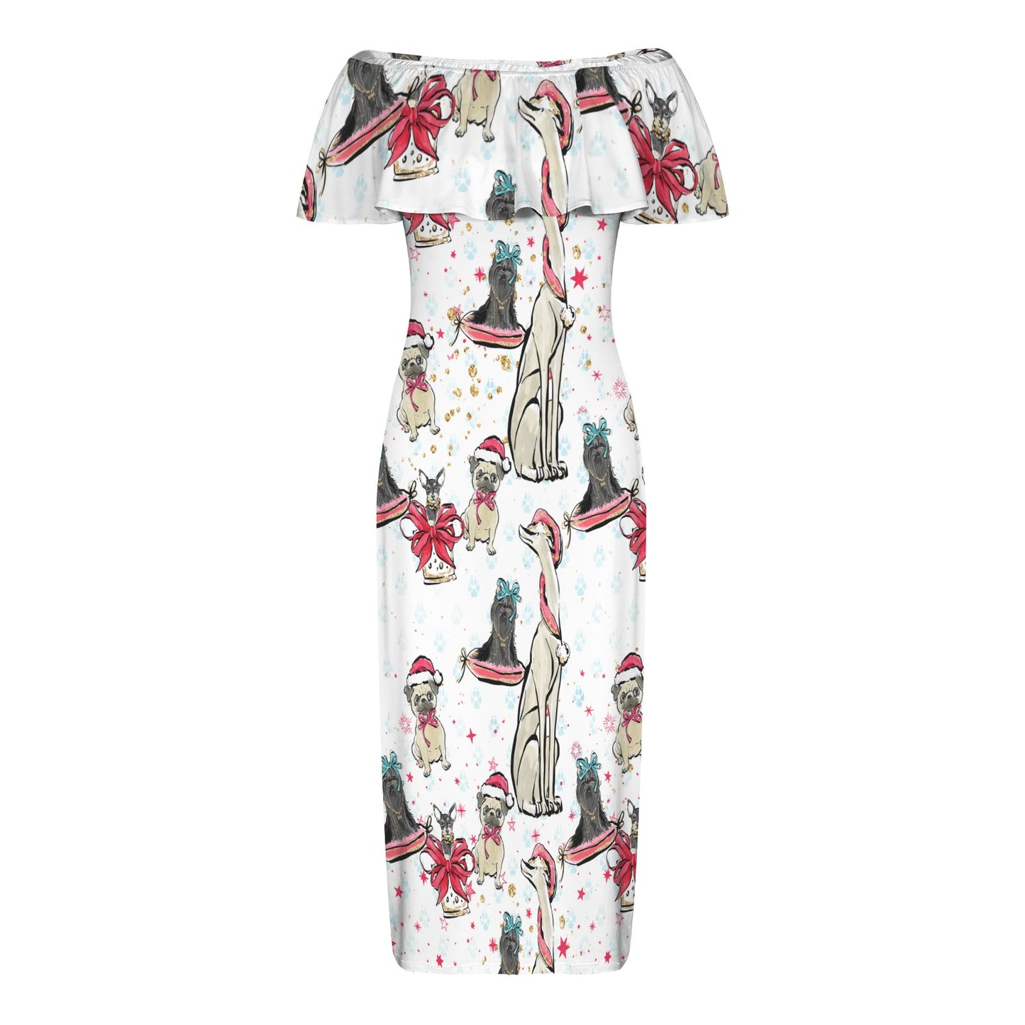 Dog Christmas Women's Off Shoulder Ruffle Boat Neck Dress (Model D71)