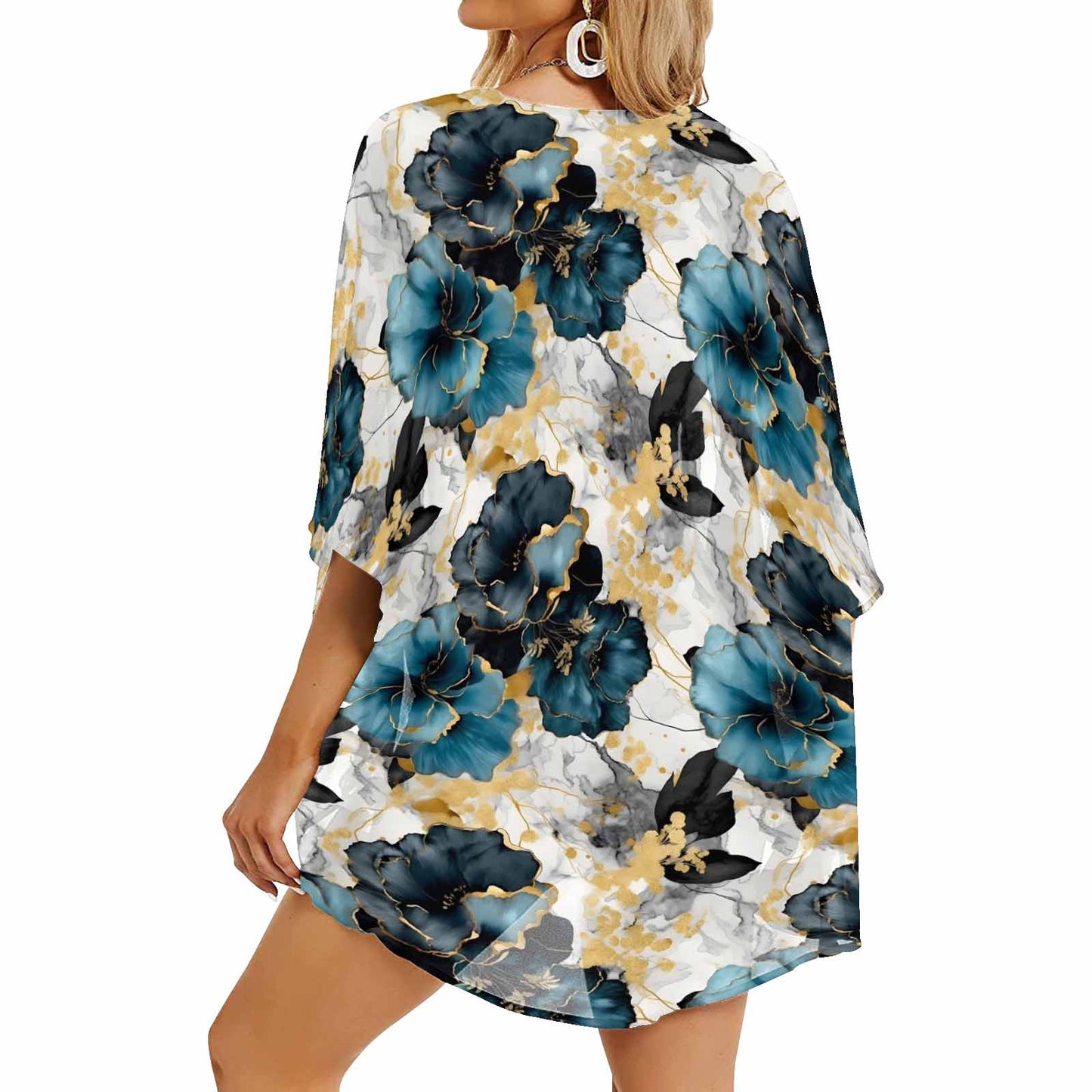 Blue & Gold Ink Floral Women's Kimono Chiffon Cover Up