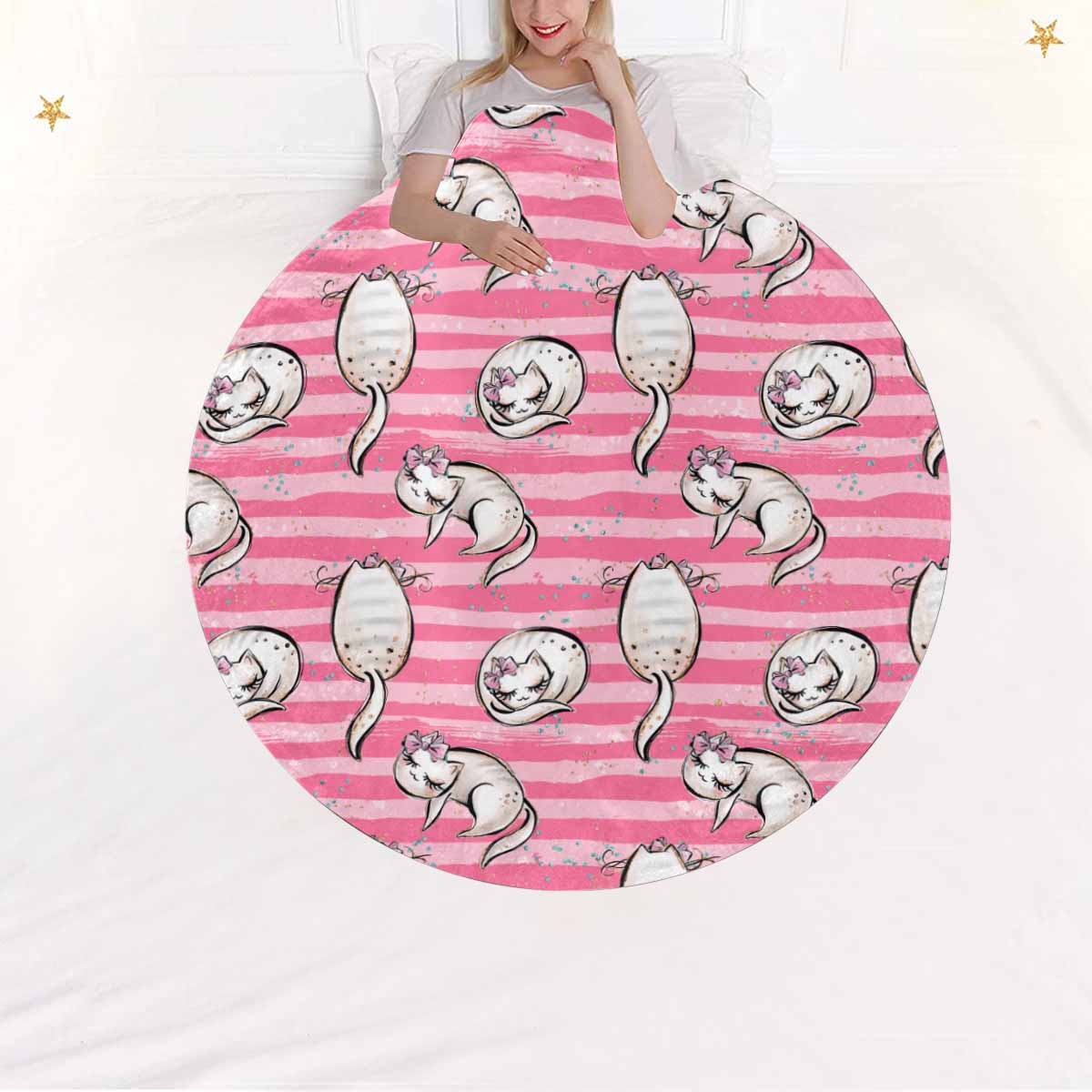 Pink Cats  Circular Micro Fleece Blanket 47"
