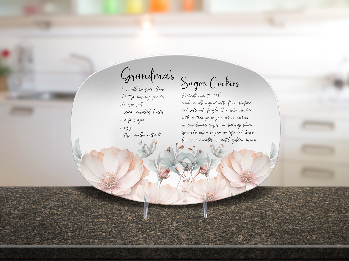 Personalised Teal & Rose Wildflowers Handwritten Family Recipe Heirloom Plate/Platter