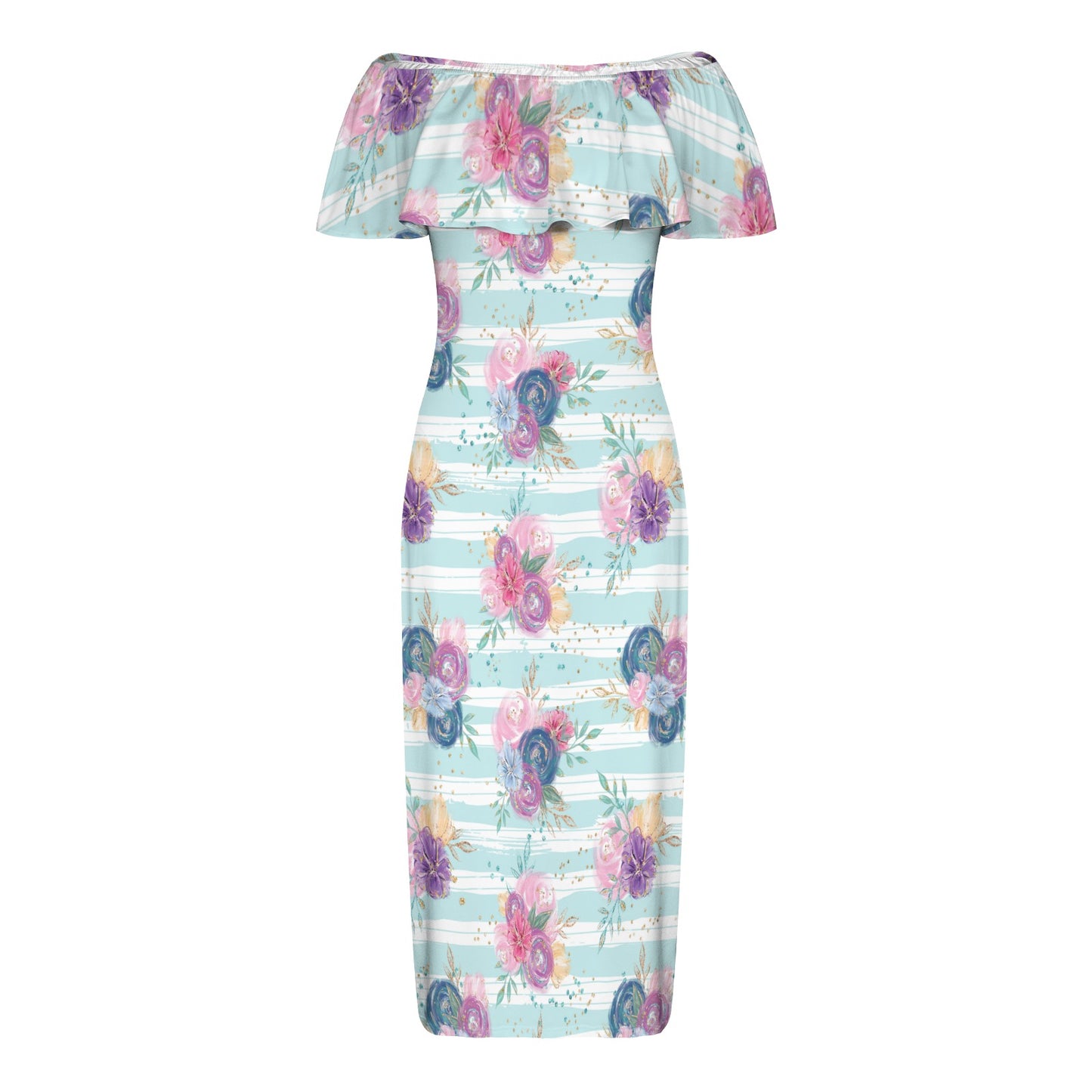 Purple and Pink floral Blue Stripes Women's Off Shoulder Ruffle Boat Neck Dress (Model D71)