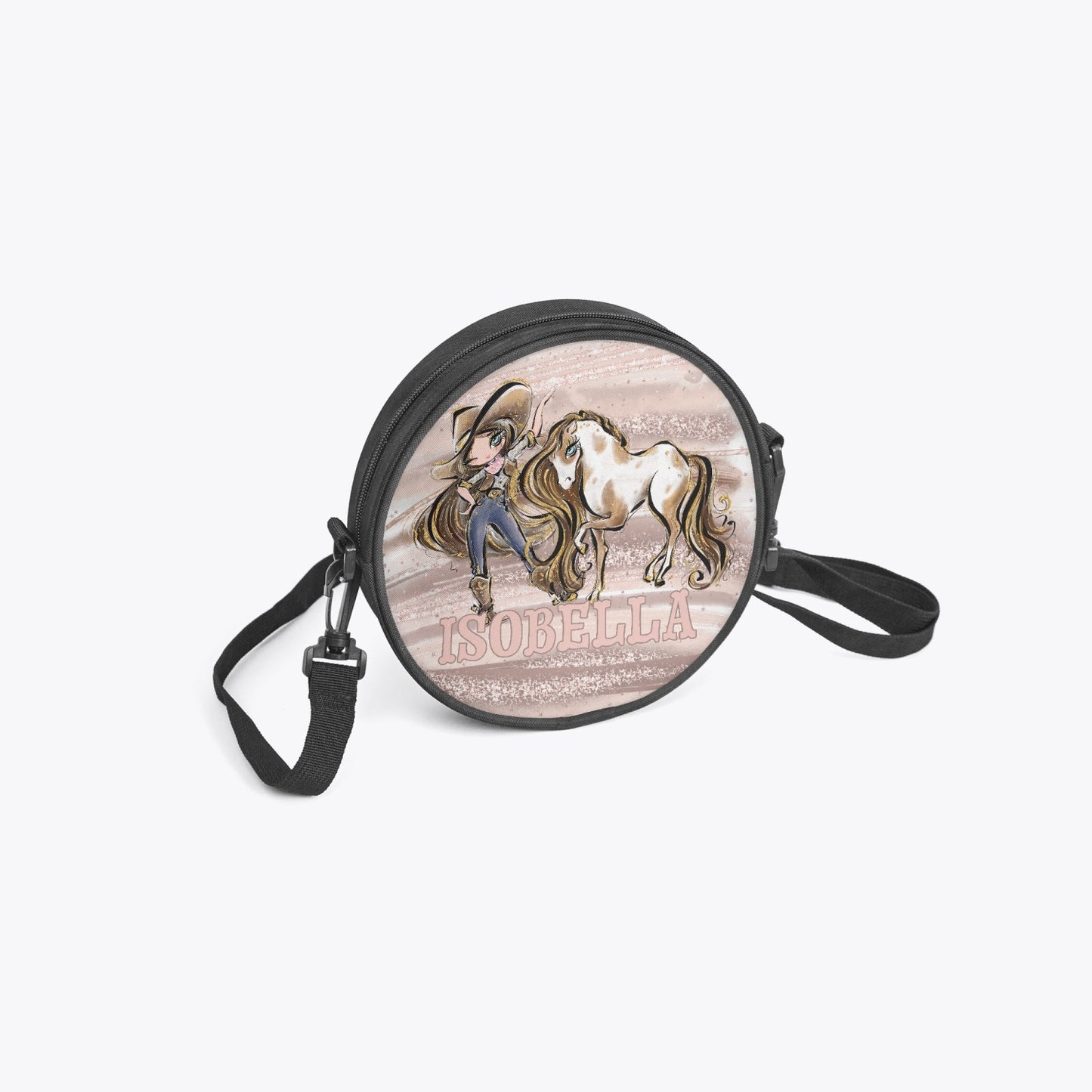 Round Satchel Bag, Howdy, Cowgirl and Horse, Brunette Hair Blue Eyes, Personalised