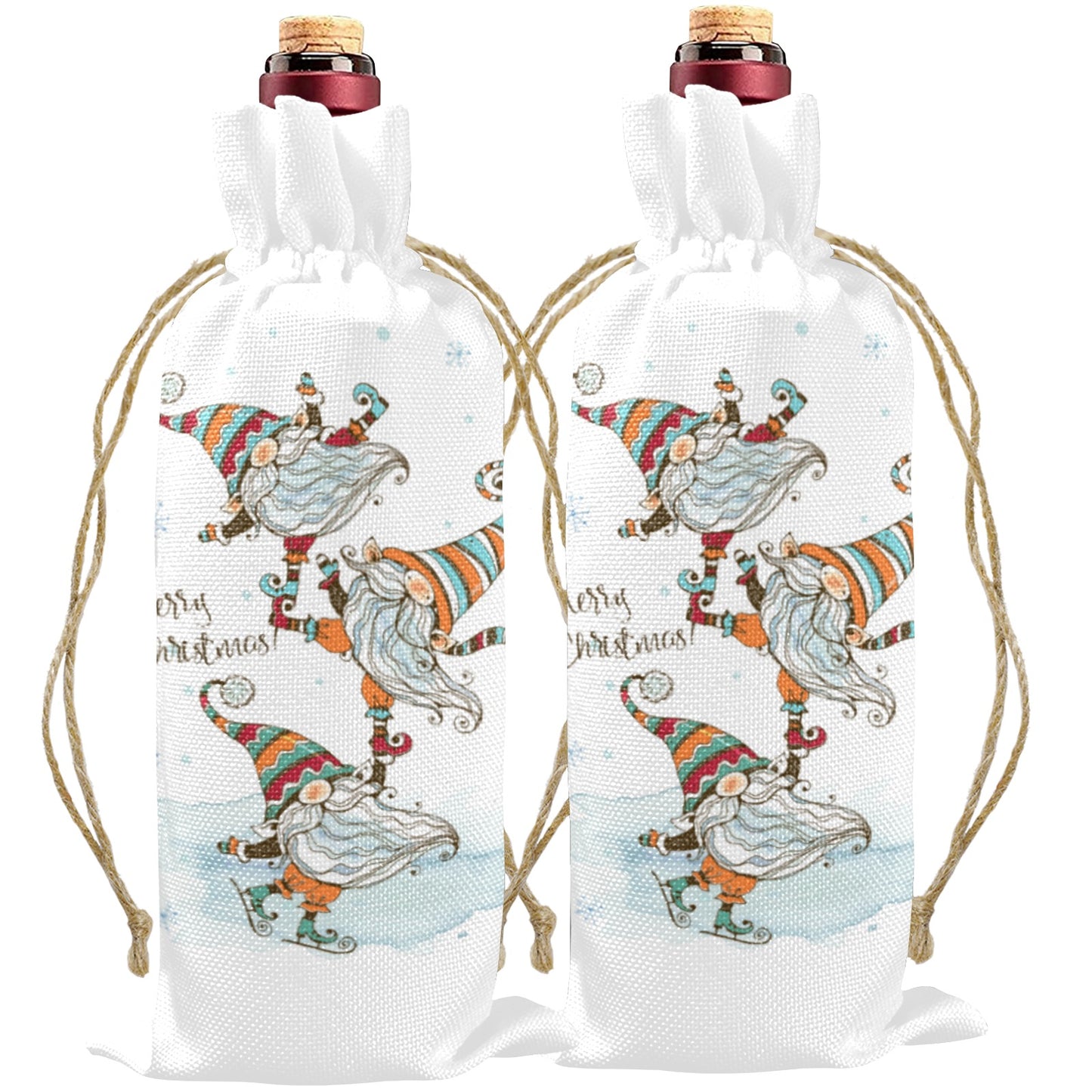 Merry Christmas Whimsical Gnomes Linen Wine Bottle Bag