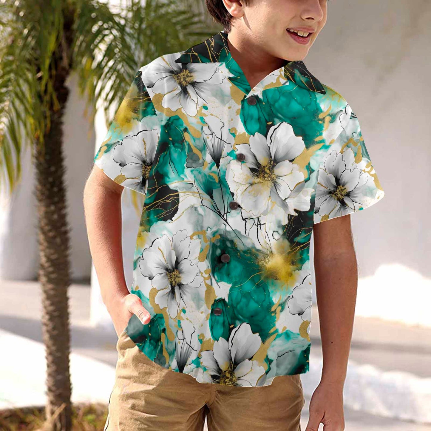 Green and White Ink Floral  Little Boys Hawaiian Shirt