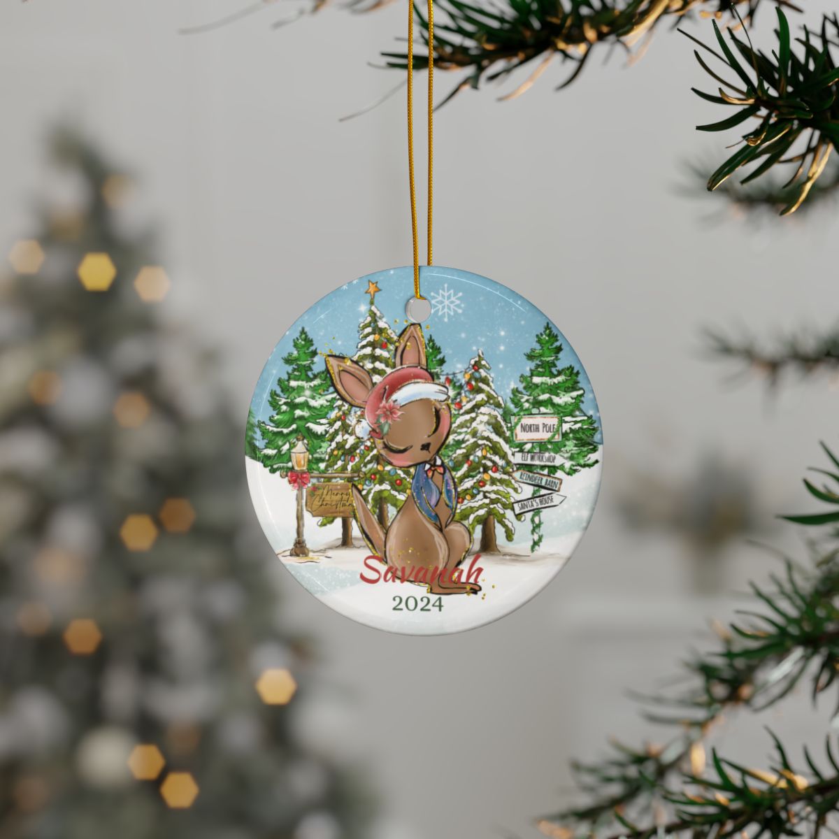 Personalized Christmas Ornament, Custom Kangaroo Ornament, Ceramic Holiday Keepsake, Cute Animal Decoration, Winter Wonderland Decor