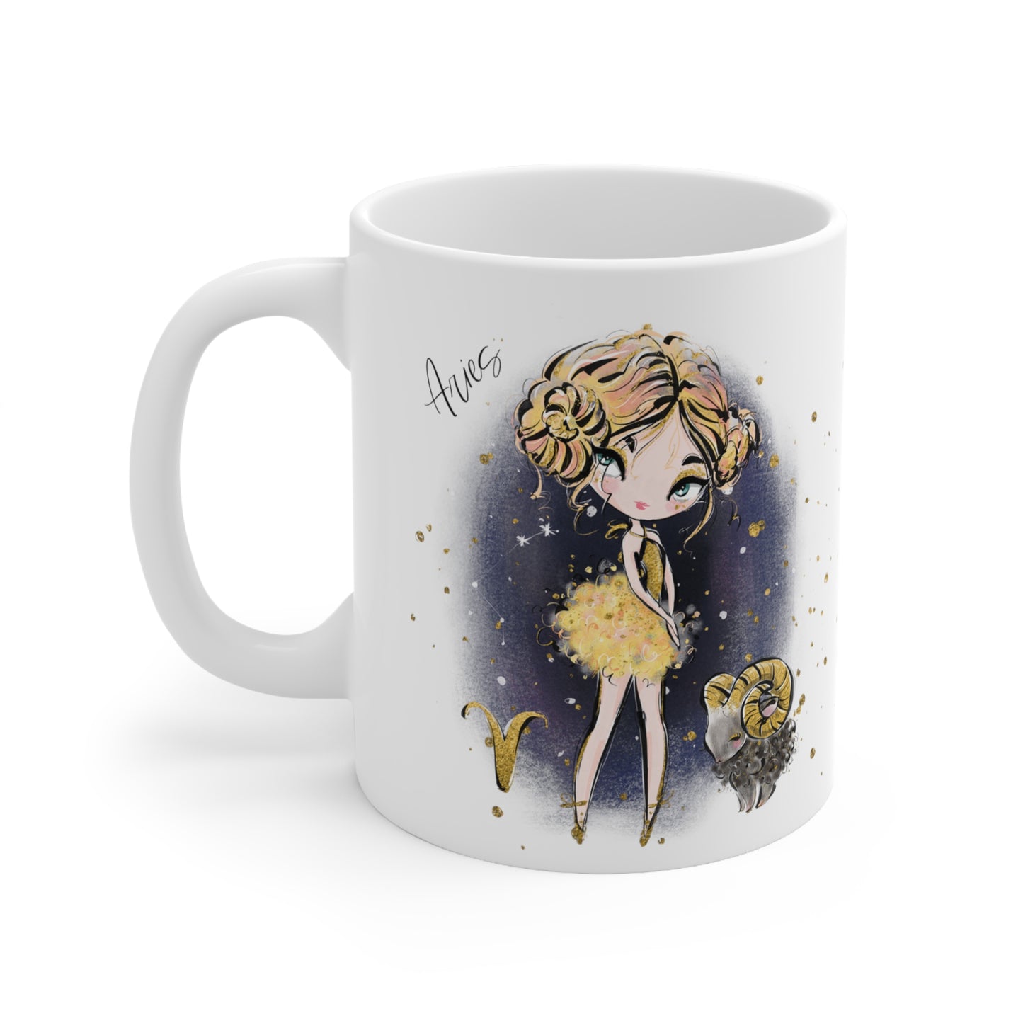 Personalised/Non Personalised Zodiac Sign, Aries, Ceramic Mug 11oz Blonde Hair - Blue Eyes - Bg