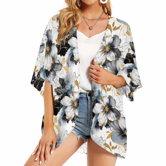 Black White and Gold Women's Kimono Chiffon Cover Up