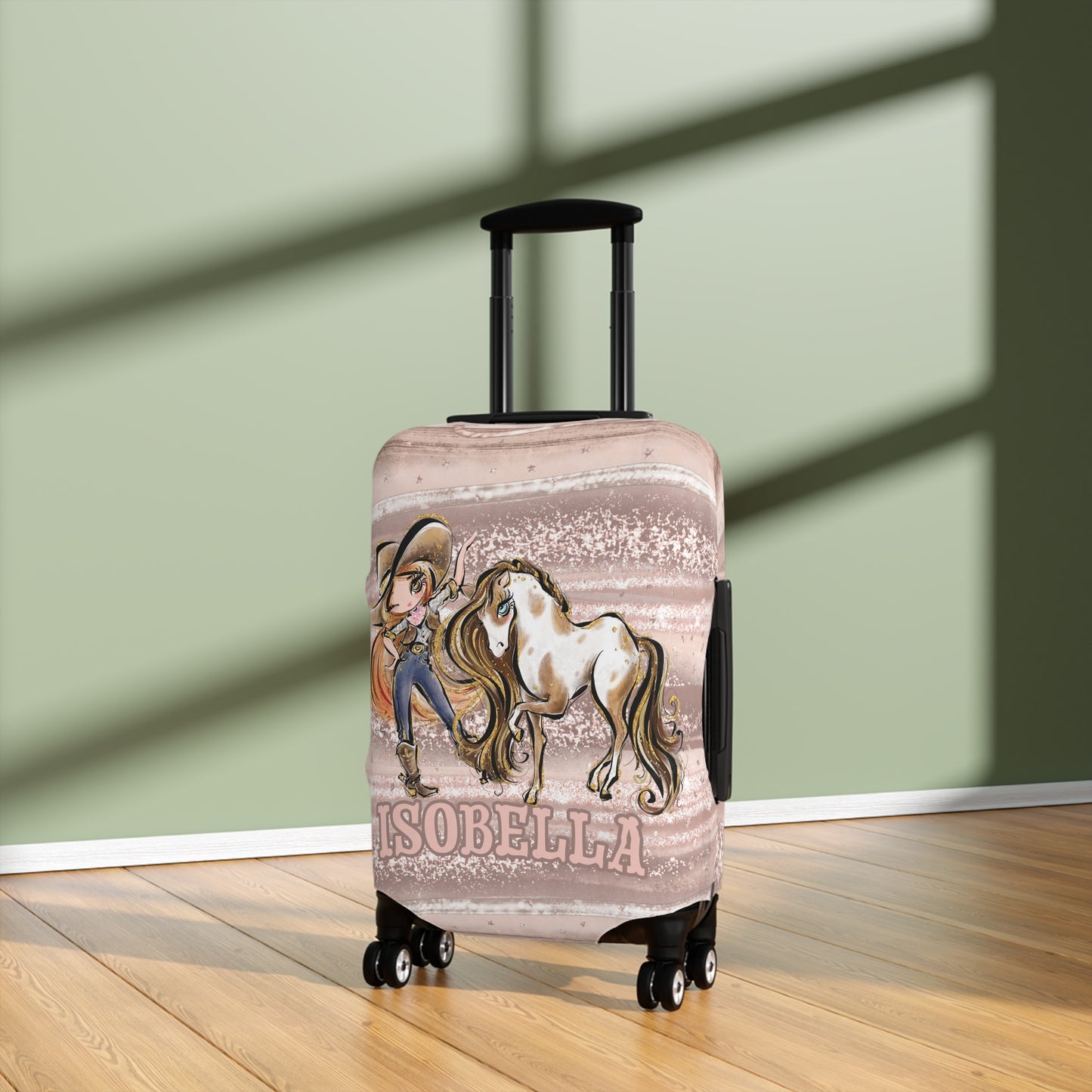 Luggage Cover, Howdy Cowgirl and Horse, Red Hair Brown Eyes