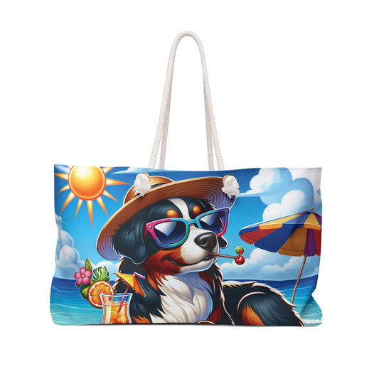 Personalised/Non-Personalised Weekender Bag, Summer Beach Dog, Bernese Mountain, Large Weekender Bag, Beach Bag, Book Bag