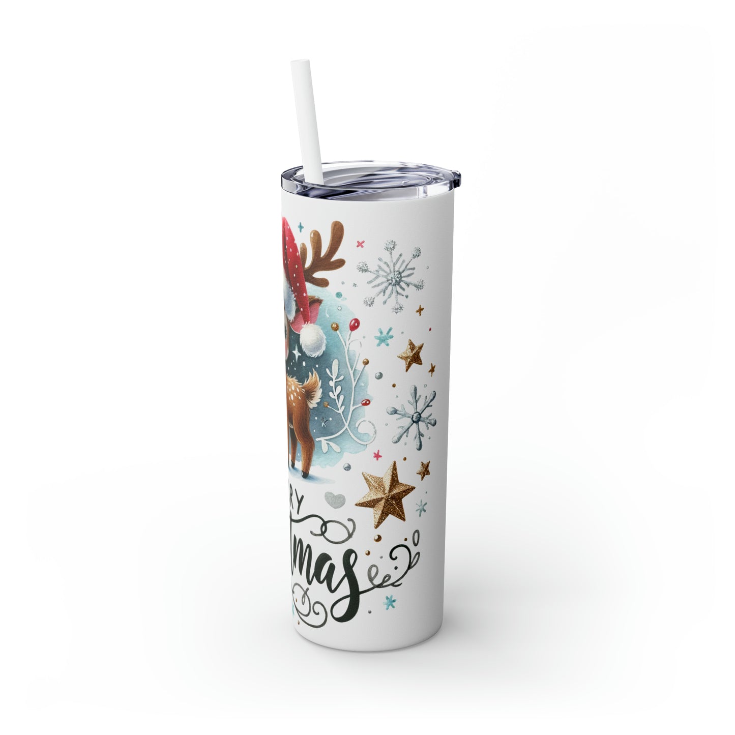 Skinny Tumbler with Straw, 20oz, Reindeer, Merry Christmas