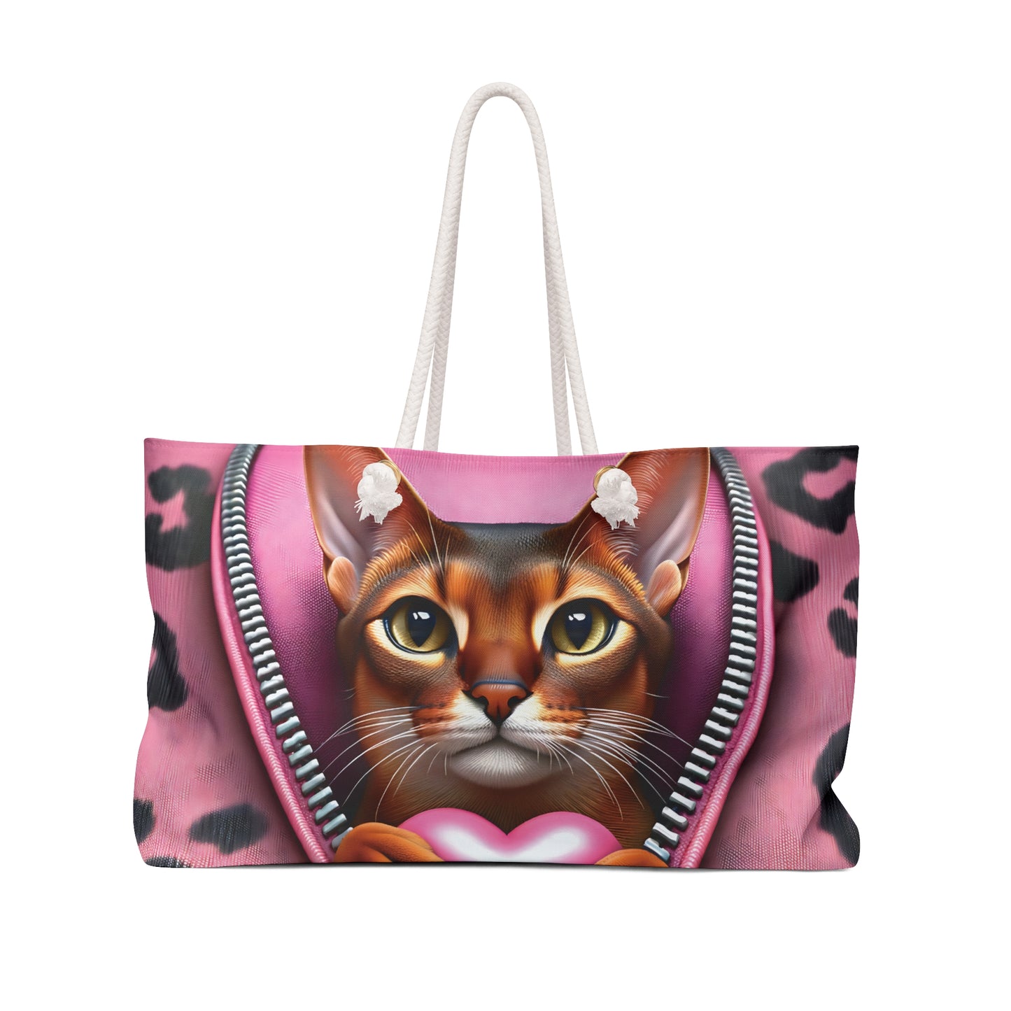 Personalised/Non-Personalised Weekender Bag, Cute Cat, Zipper, Valentines Day, Large Weekender Bag, Beach Bag, Book Bag