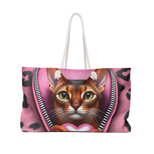 Personalised/Non-Personalised Weekender Bag, Cute Cat, Zipper, Valentines Day, Large Weekender Bag, Beach Bag, Book Bag