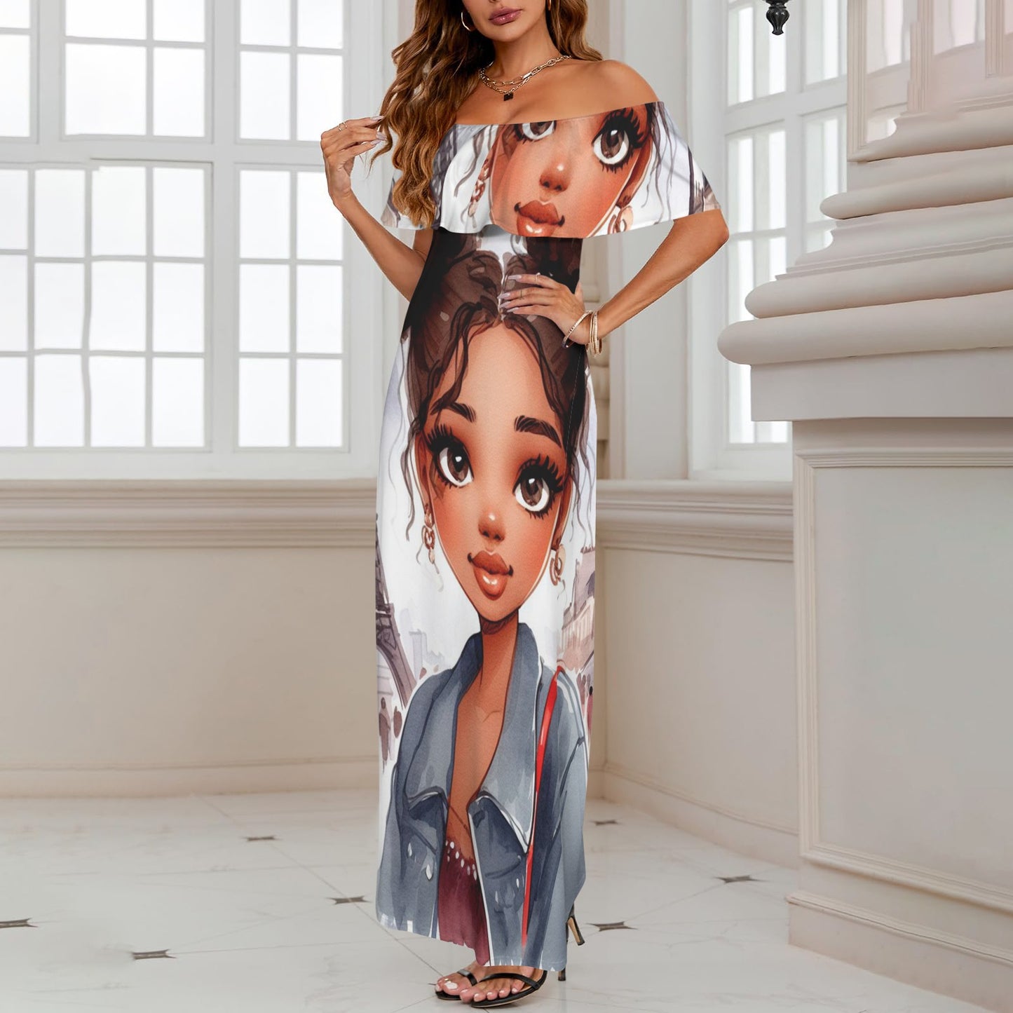 Girl 3 Women's Off Shoulder Ruffle Boat Neck Dress (Model D71)