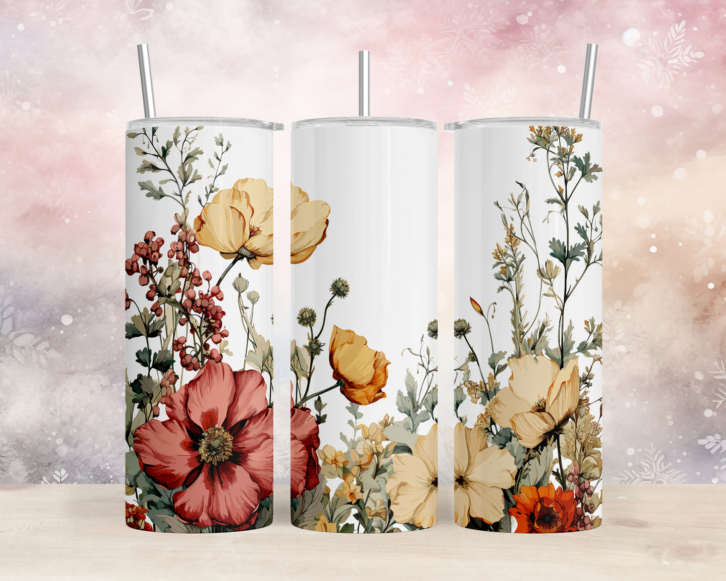 Skinny Tumbler with Straw, 20oz, Floral, awd-313