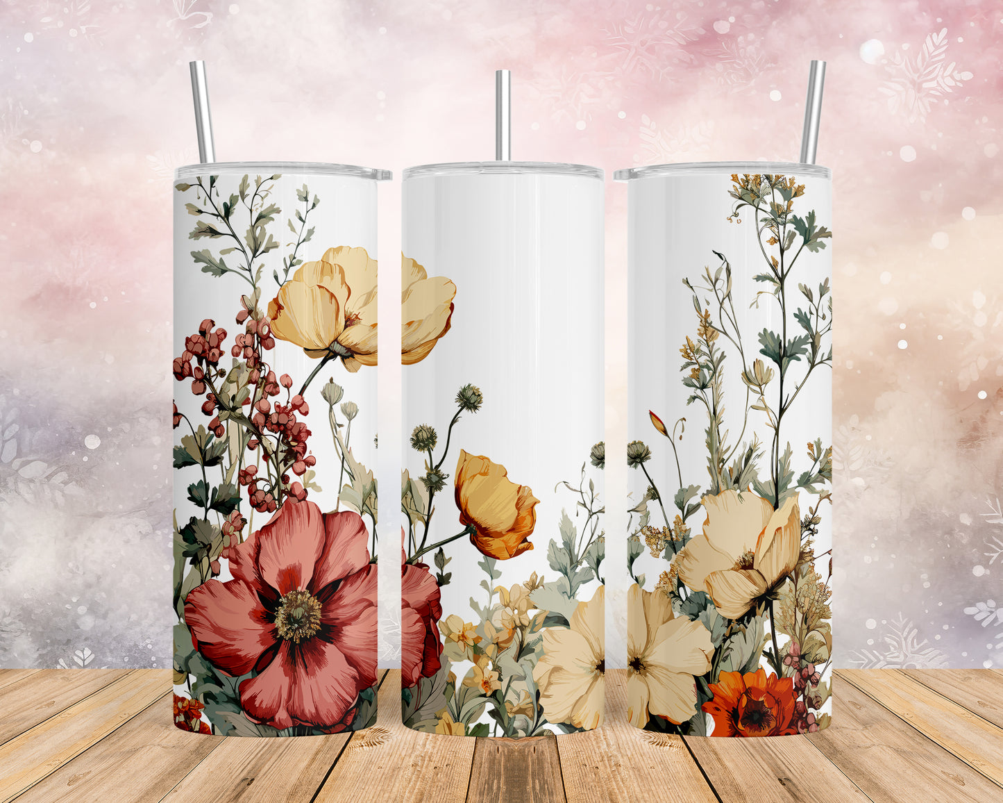 Skinny Tumbler with Straw, 20oz, Floral, awd-313