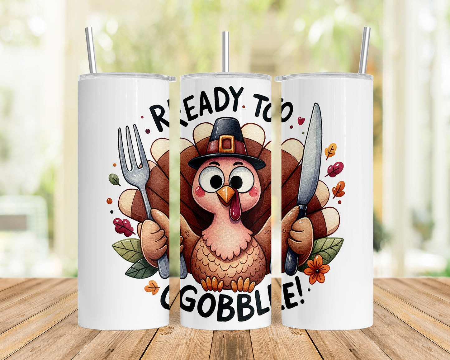 Skinny Tumbler with Straw, 20oz,  Thanksgiving, Ready to Gobble, awd-338