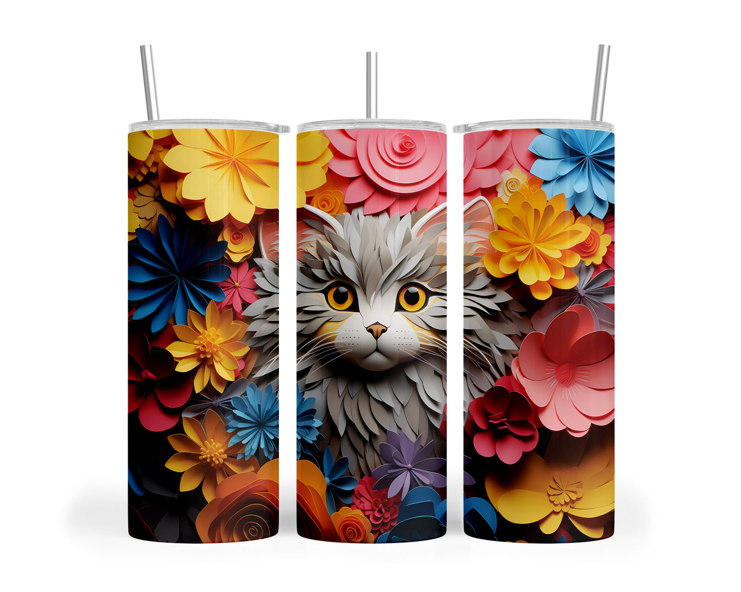 Skinny Tumbler with Straw, 20oz, Floral Paper Cut Cat, awd-423