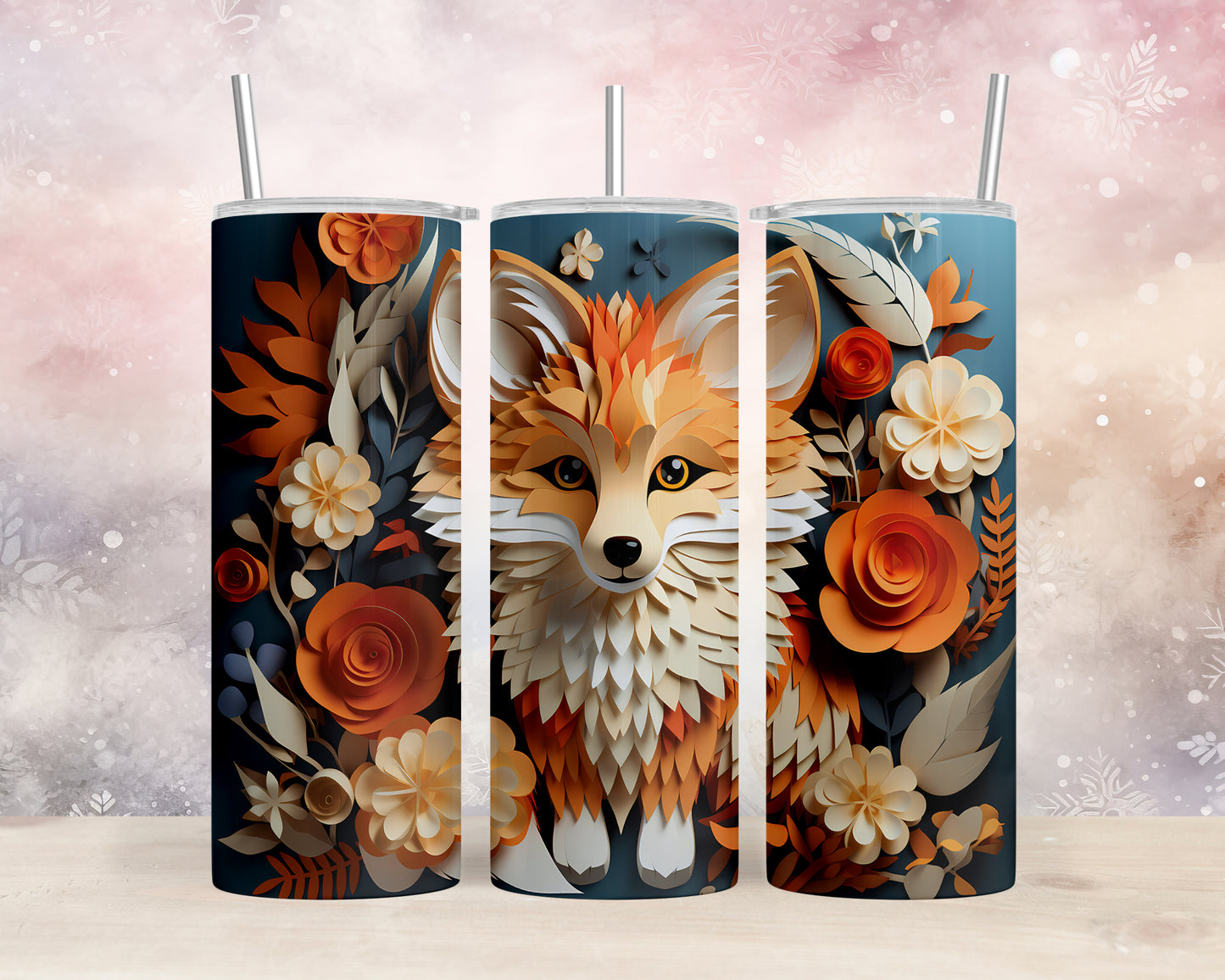 Skinny Tumbler with Straw, 20oz, Floral Paper Cut Fox, awd-426