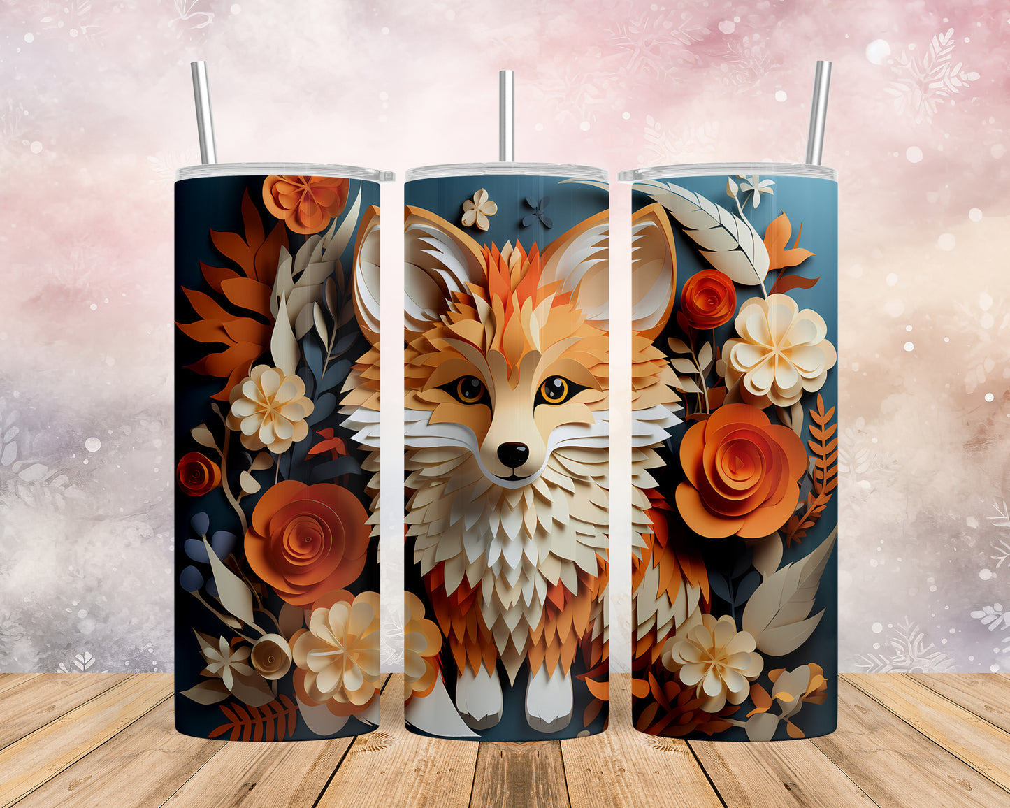 Skinny Tumbler with Straw, 20oz, Floral Paper Cut Fox, awd-426