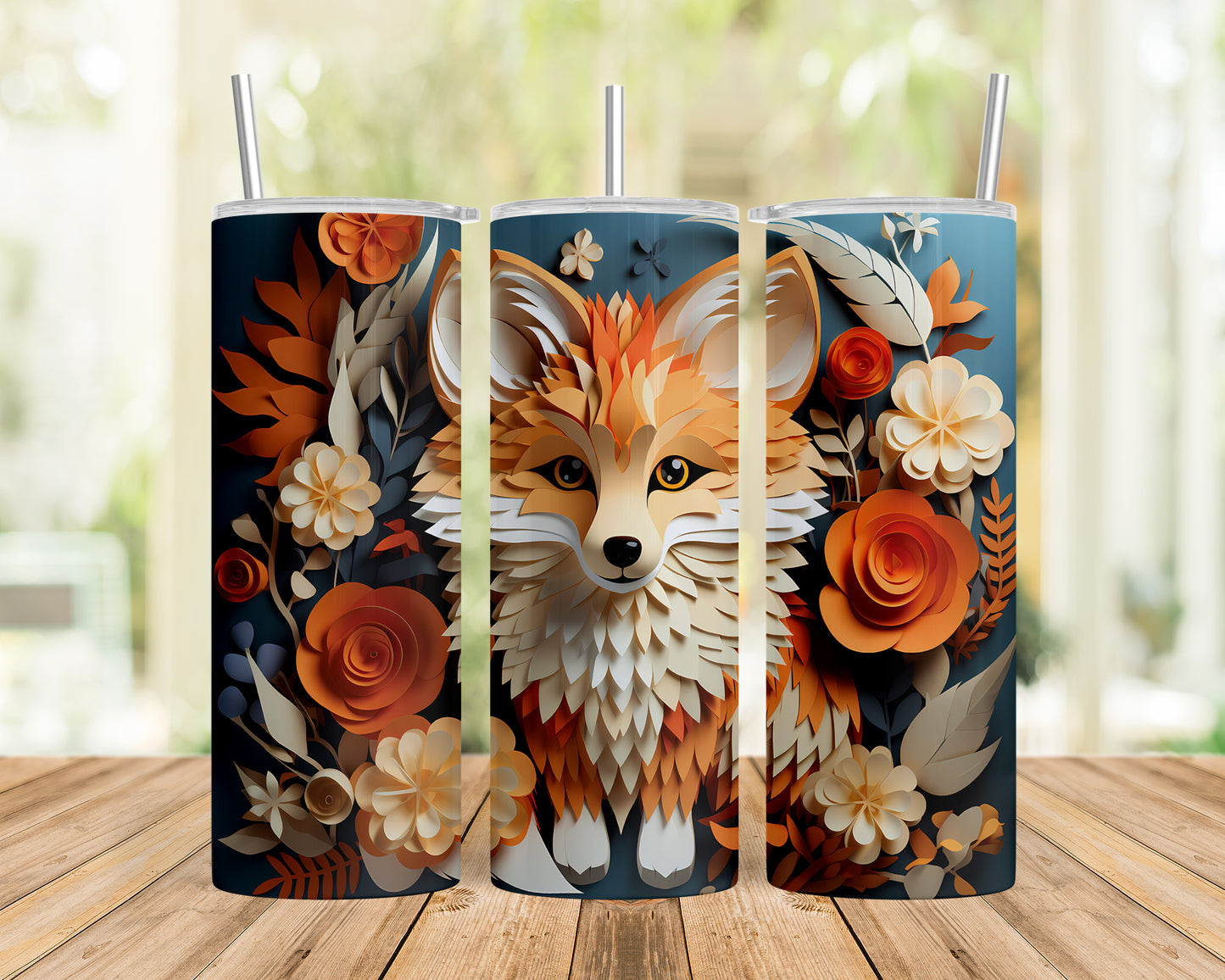 Skinny Tumbler with Straw, 20oz, Floral Paper Cut Fox, awd-426