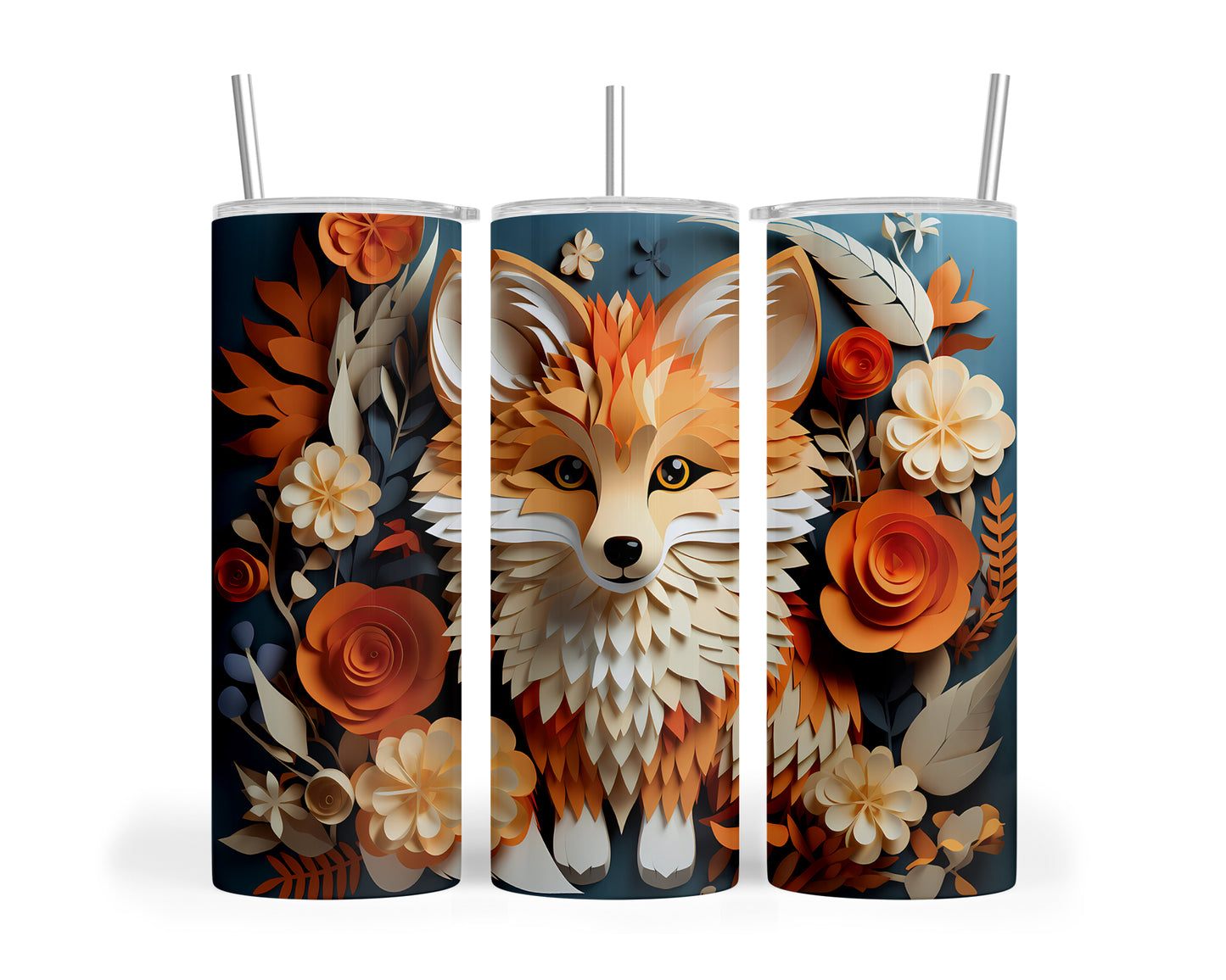 Skinny Tumbler with Straw, 20oz, Floral Paper Cut Fox, awd-426