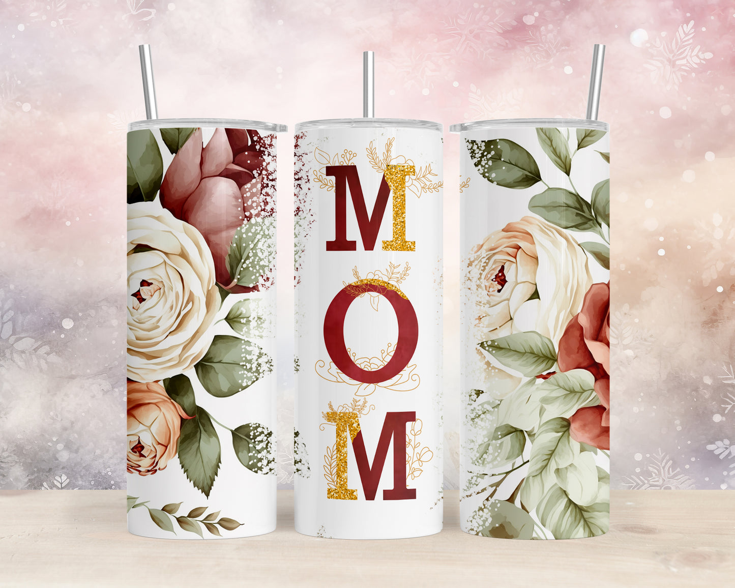 Skinny Tumbler with Straw, 20oz, Floral Mum, awd-528