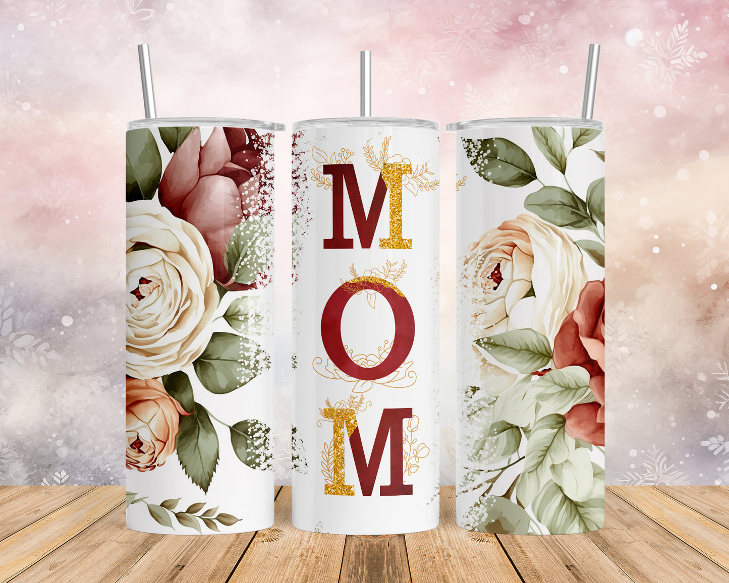 Skinny Tumbler with Straw, 20oz, Floral Mum, awd-528