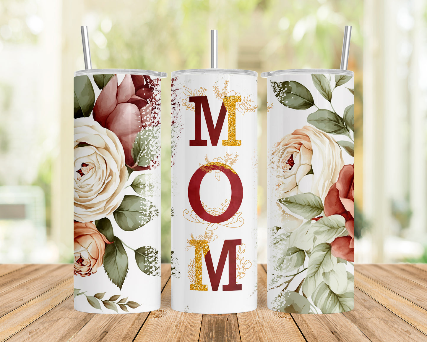 Skinny Tumbler with Straw, 20oz, Floral Mum, awd-528