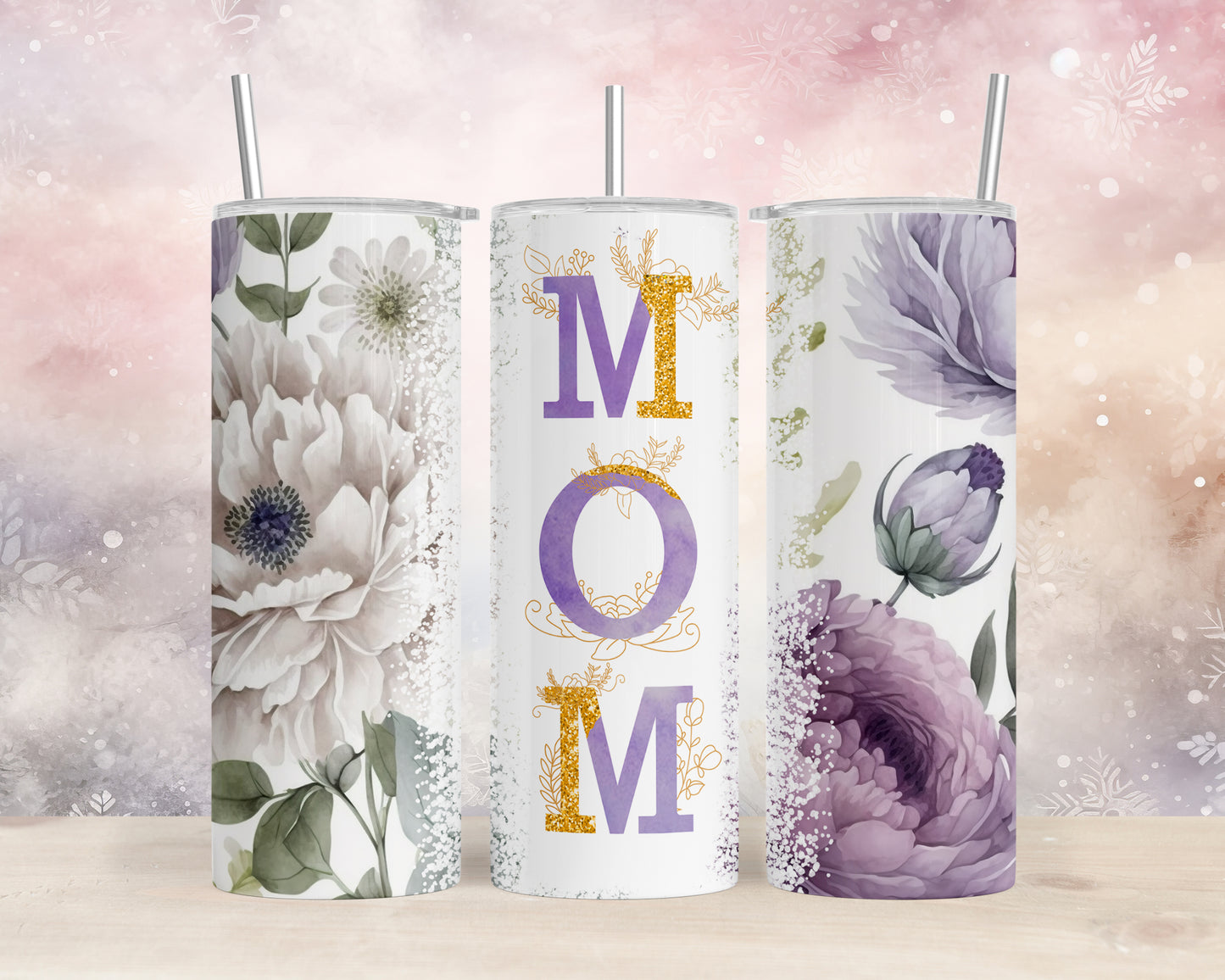 Skinny Tumbler with Straw, 20oz, Floral Mum, awd-530