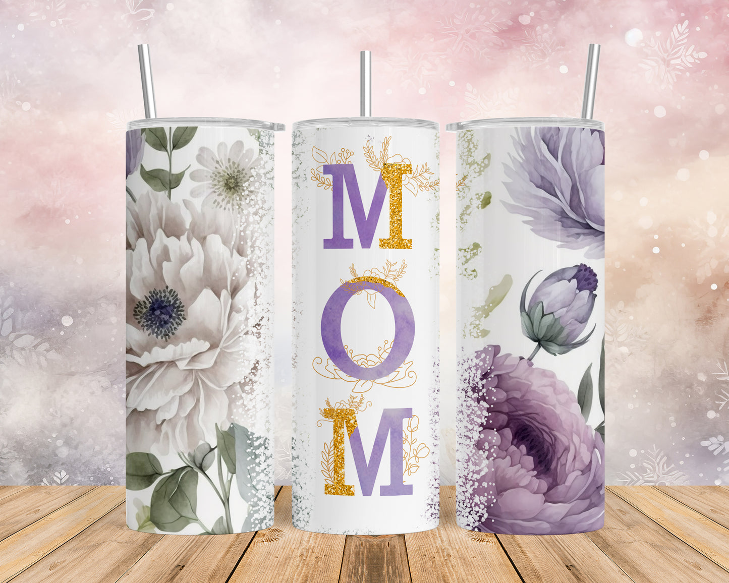 Skinny Tumbler with Straw, 20oz, Floral Mum, awd-530