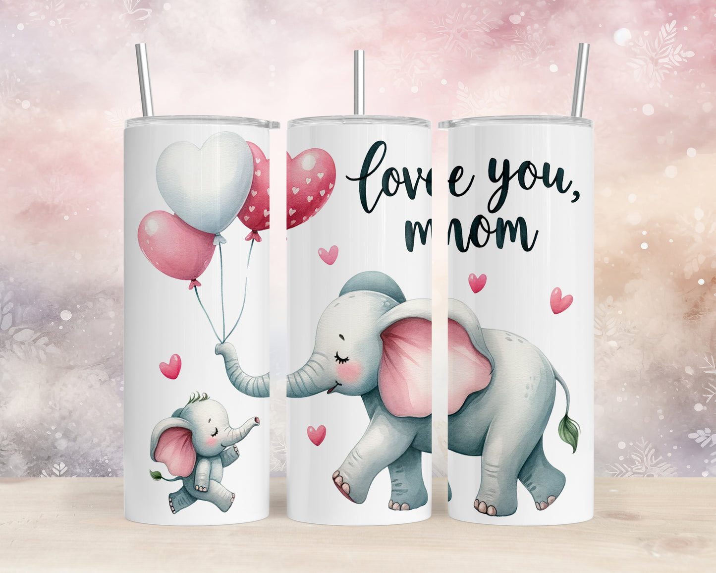 Skinny Tumbler with Straw, 20oz, Elephant, Love You Mum, awd-237