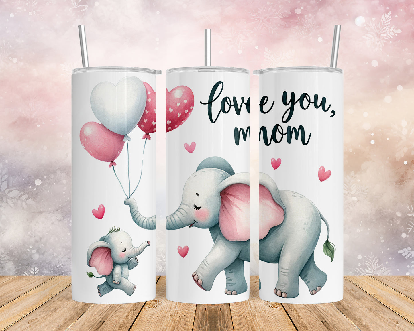 Skinny Tumbler with Straw, 20oz, Elephant, Love You Mum, awd-237