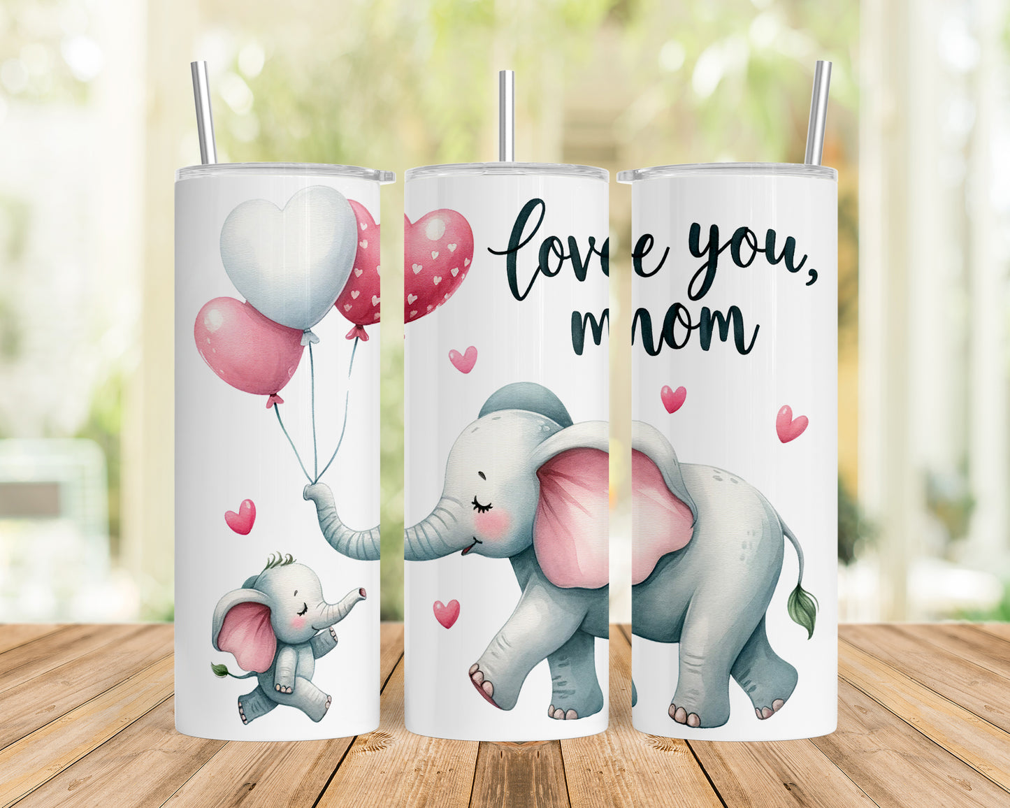 Skinny Tumbler with Straw, 20oz, Elephant, Love You Mum, awd-237