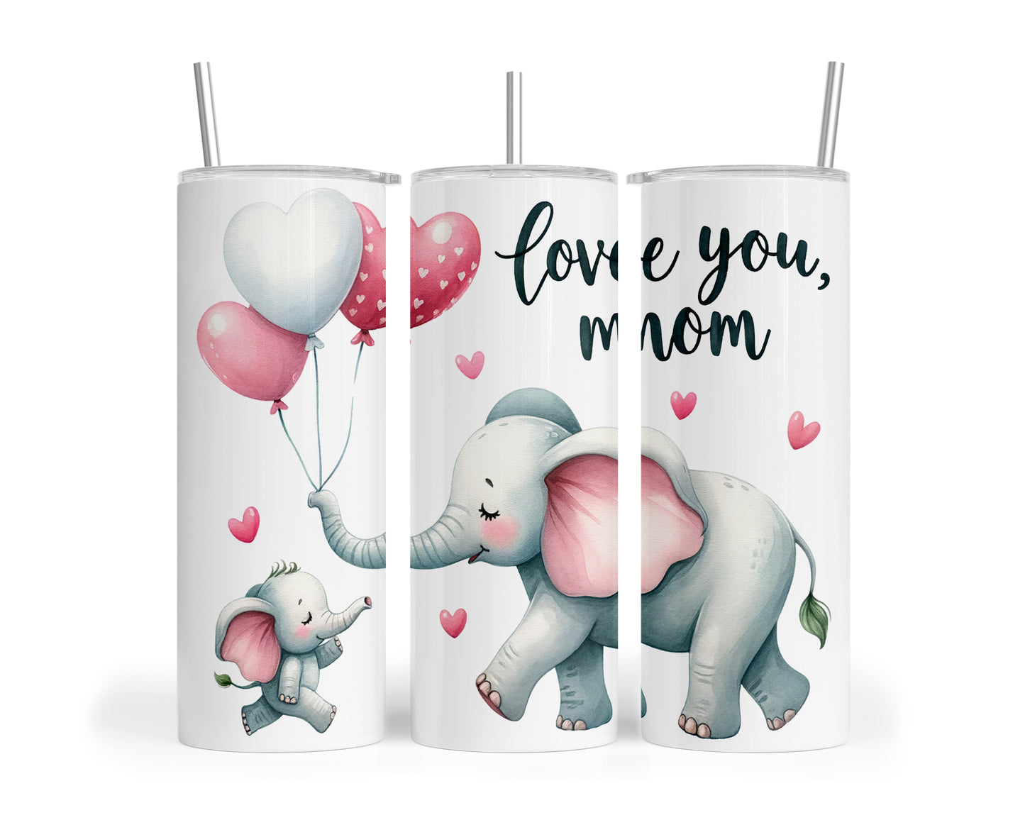 Skinny Tumbler with Straw, 20oz, Elephant, Love You Mum, awd-237