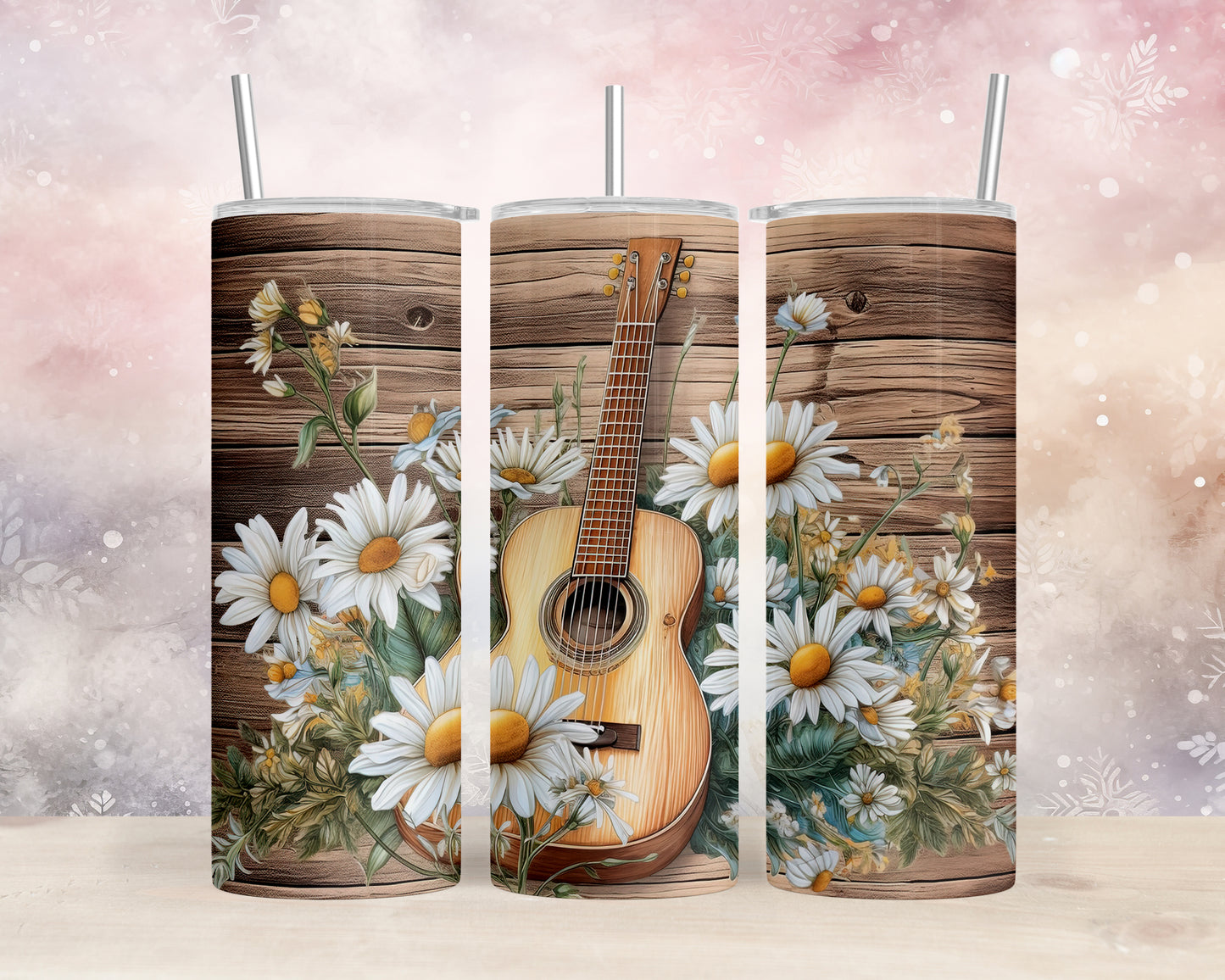 Skinny Tumbler with Straw, 20oz, Guitar with Daisy's, awd-238