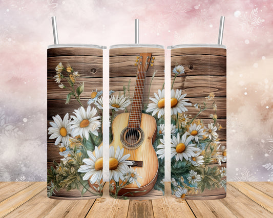 Skinny Tumbler with Straw, 20oz, Guitar with Daisy's, awd-238