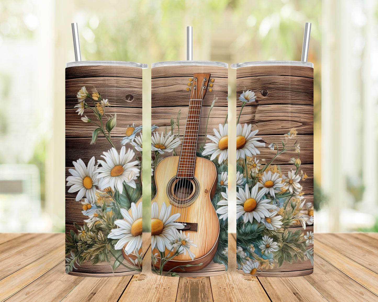 Skinny Tumbler with Straw, 20oz, Guitar with Daisy's, awd-238