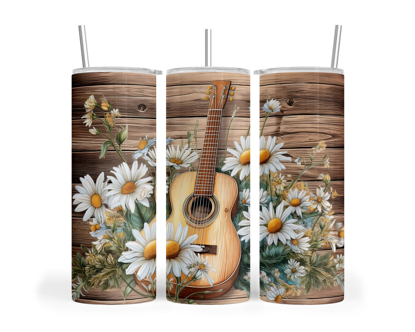 Skinny Tumbler with Straw, 20oz, Guitar with Daisy's, awd-238