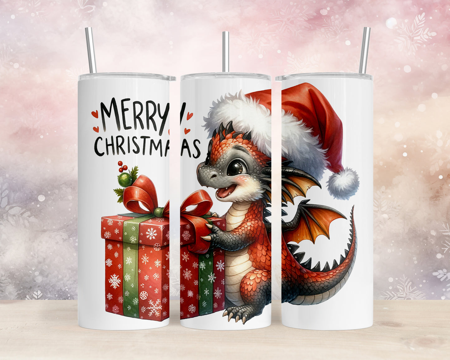 Skinny Tumbler with Straw, 20oz, Christmas Dragon, awd-246