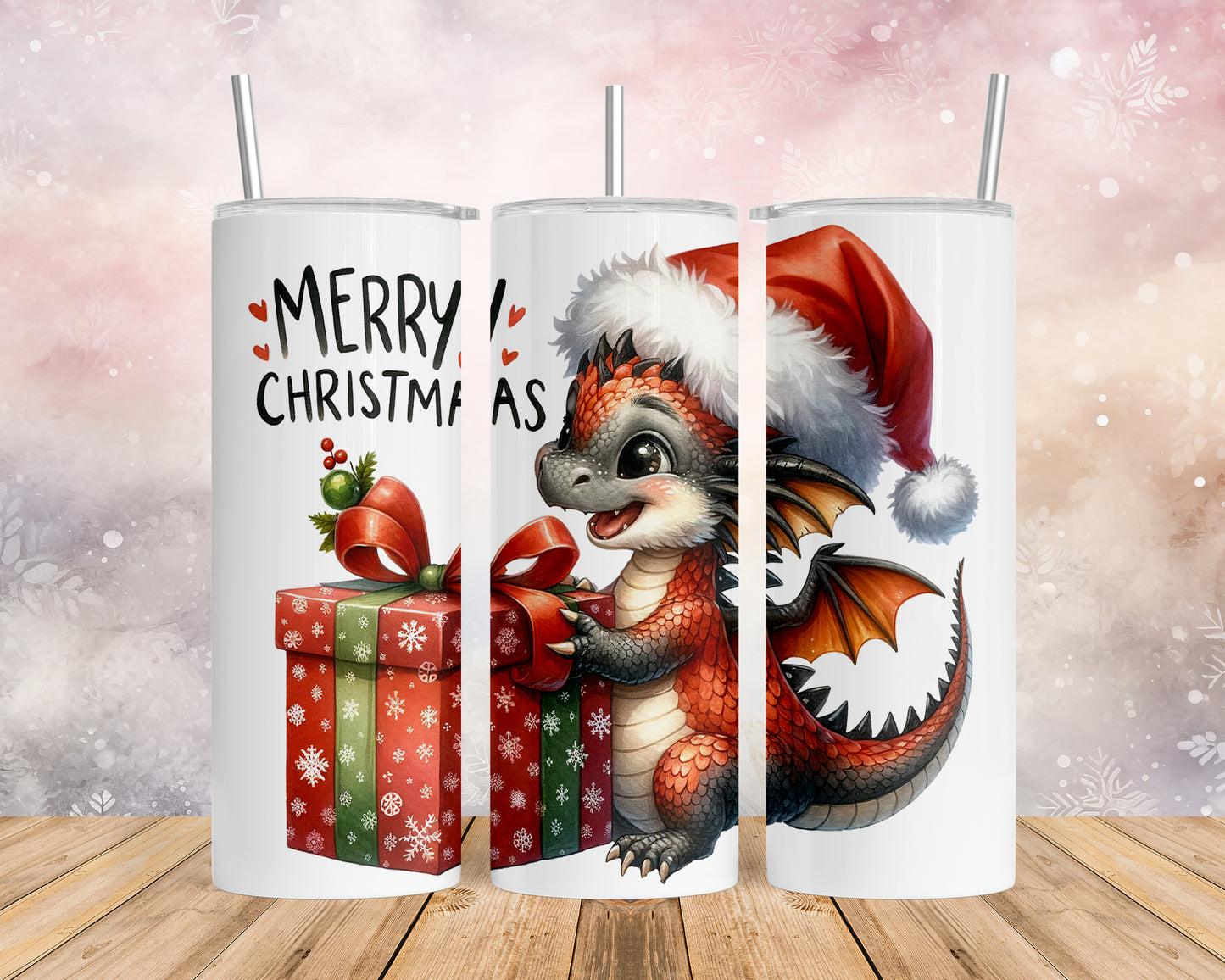 Skinny Tumbler with Straw, 20oz, Christmas Dragon, awd-246