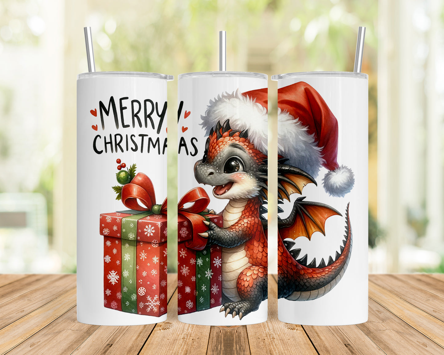 Skinny Tumbler with Straw, 20oz, Christmas Dragon, awd-246