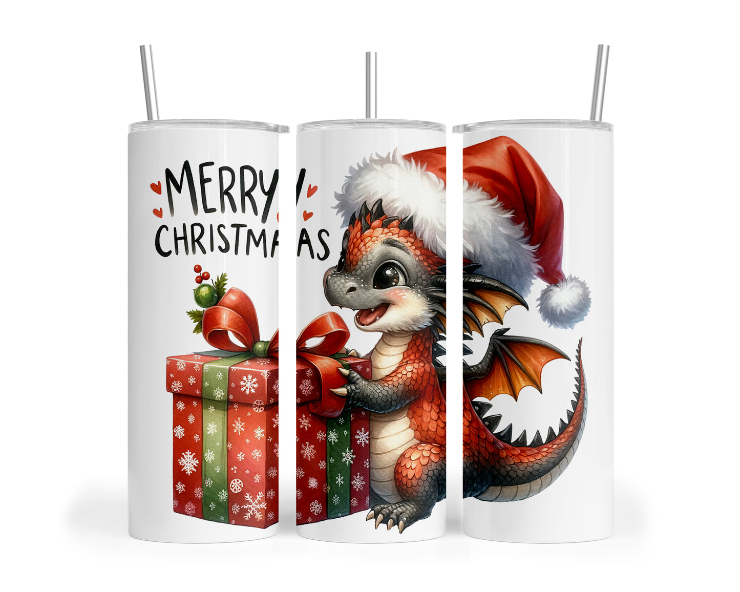 Skinny Tumbler with Straw, 20oz, Christmas Dragon, awd-246