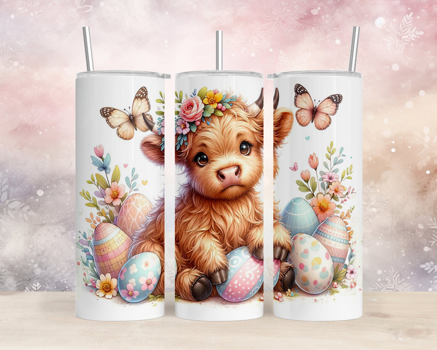 Skinny Tumbler with Straw, 20oz, Easter, Highland Cow, awd-1061