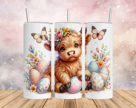 Skinny Tumbler with Straw, 20oz, Easter, Highland Cow, awd-1061