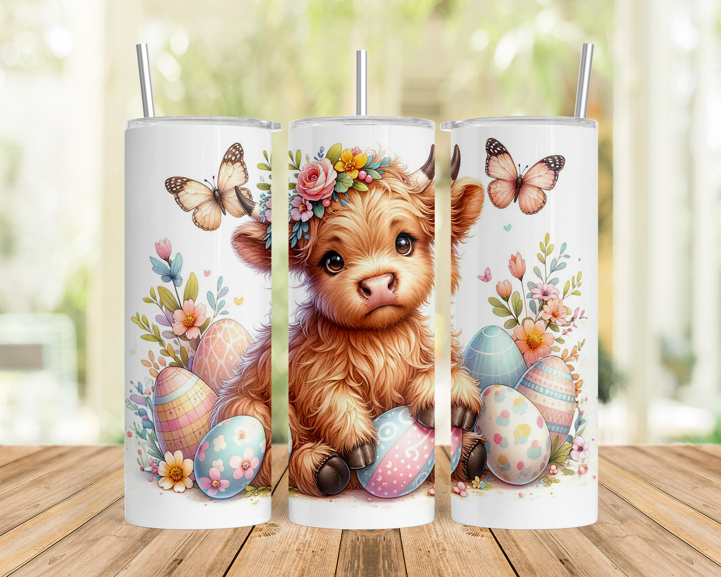 Skinny Tumbler with Straw, 20oz, Easter, Highland Cow, awd-1061