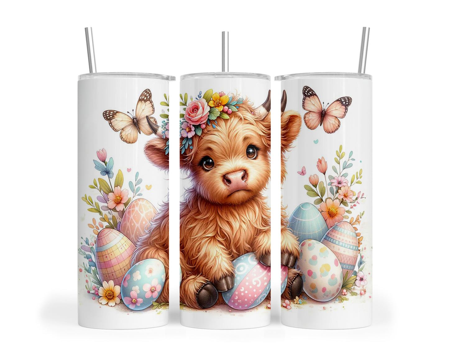 Skinny Tumbler with Straw, 20oz, Easter, Highland Cow, awd-1061