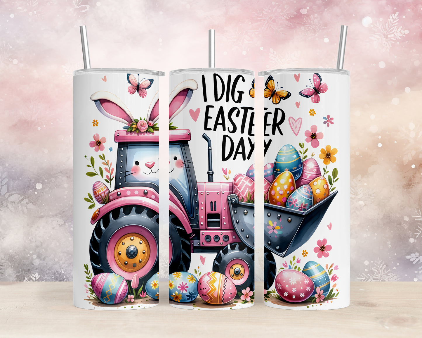 Skinny Tumbler with Straw, 20oz, Easter Tractor, I Dig Easter Day, awd-1073