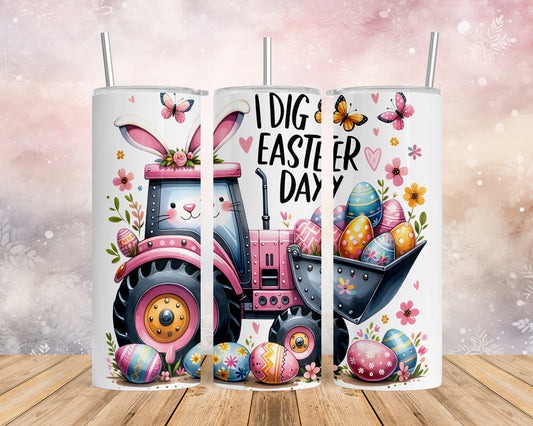 Skinny Tumbler with Straw, 20oz, Easter Tractor, I Dig Easter Day, awd-1073