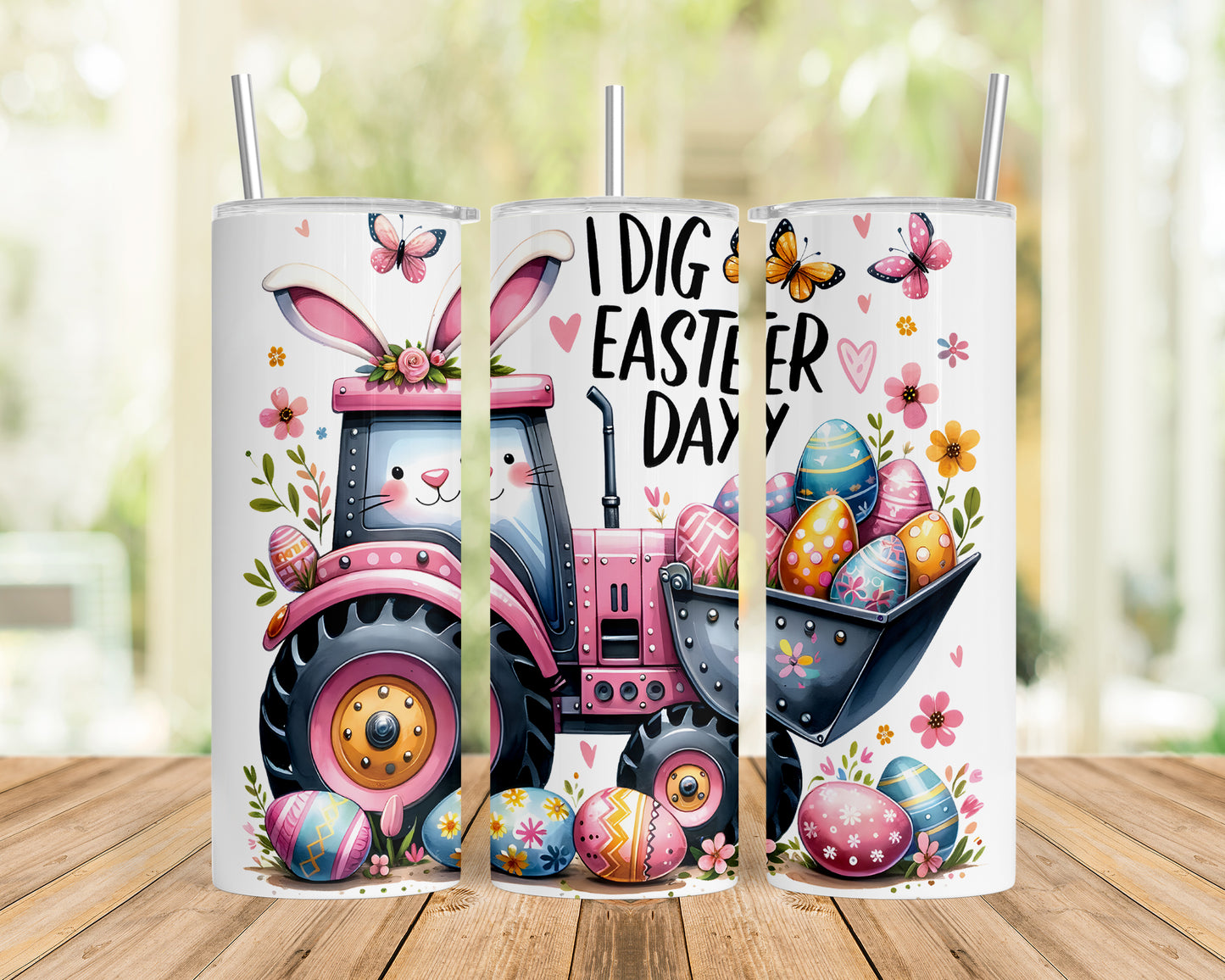 Skinny Tumbler with Straw, 20oz, Easter Tractor, I Dig Easter Day, awd-1073