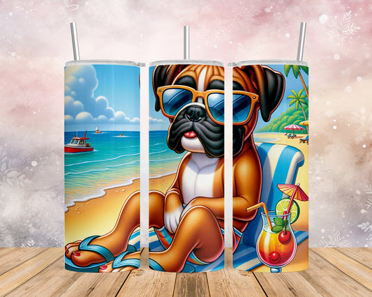 Skinny Tumbler with Straw, 20oz, Dog on Beach, Boxer, awd-1102